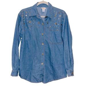 Vintage Styles To Go Studded Star Rhinestone Embellished Button Down Jean Shirt 